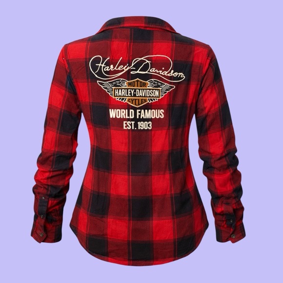 Harley-Davidson Early 2000s Black and Red flannel Button Down - Picture 2 of 6